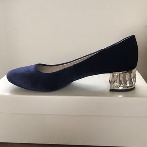 Anne Klein blue velvet shoes with bling block heel